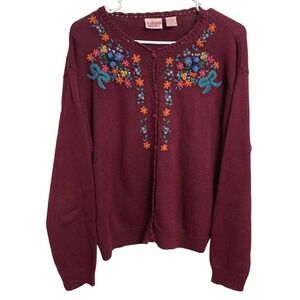 Vintage 90s Embroidered Burgundy Floral Boho Folk Dainty Grandma Cardigan Size L